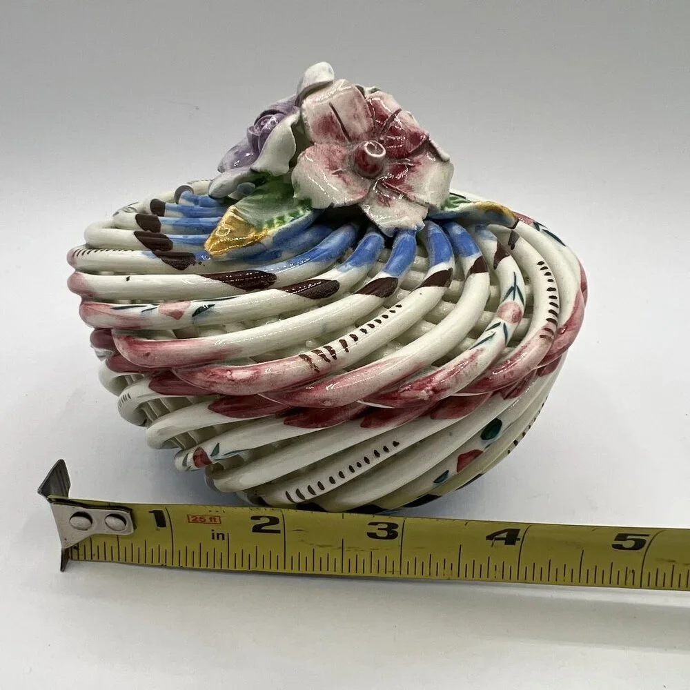 Vtg Hand Painted Spanish Porcelain Trinket Box Twig Style Basket Bloomcore Spain